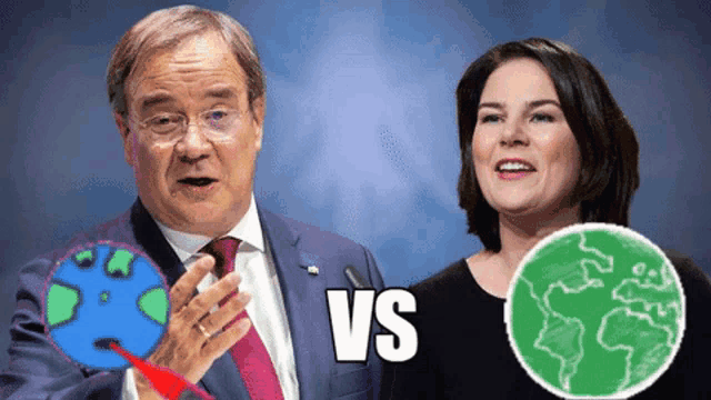 a man and a woman are standing next to each other with a green globe in the foreground and the words vs above them