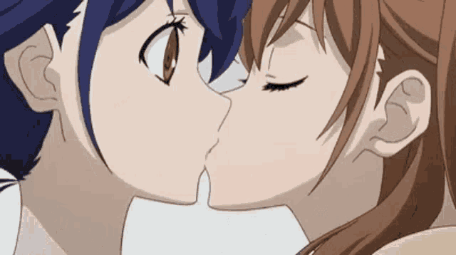 two anime girls are kissing each other with their eyes closed