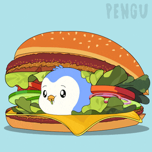 a penguin is peeking out of a hamburger with the word pengu written on the bottom