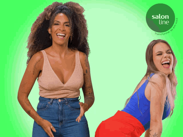 two women are standing next to each other in front of a green background that says salon line on it