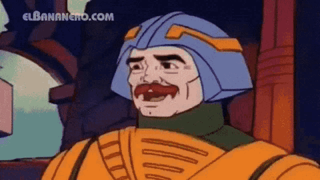 a cartoon of a man with a mustache wearing a blue helmet