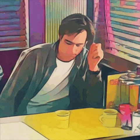 a cartoon of a man sitting at a table with two cups