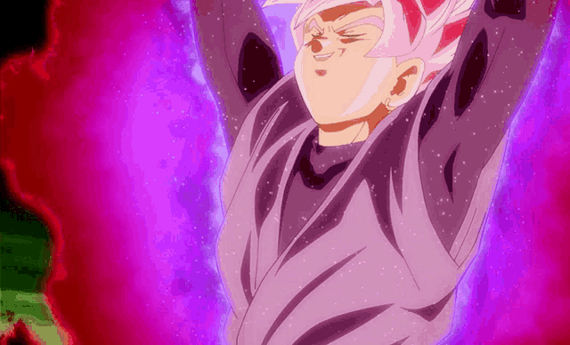 a cartoon character with pink hair and a black shirt stands in front of a purple background