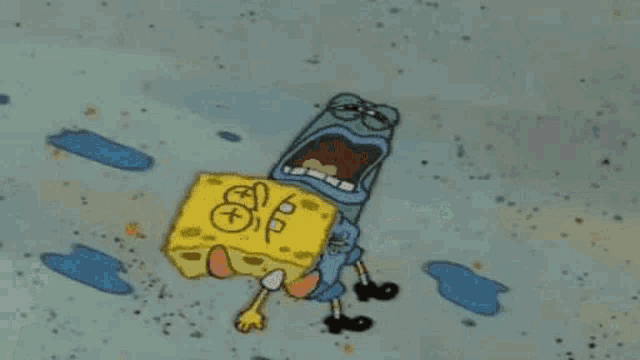 a group of spongebob squarepants characters are standing around a spongebob laying on the ground .