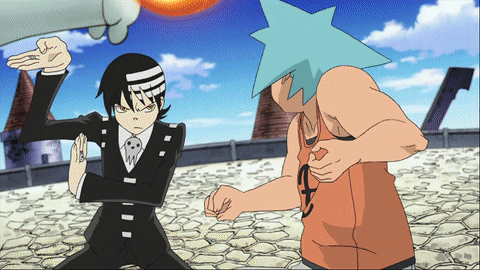a cartoon character with a blue star on his head is standing next to another character