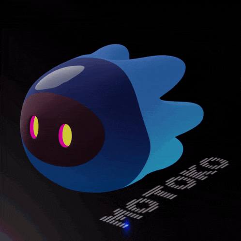 a blue cartoon character with a black face and yellow eyes