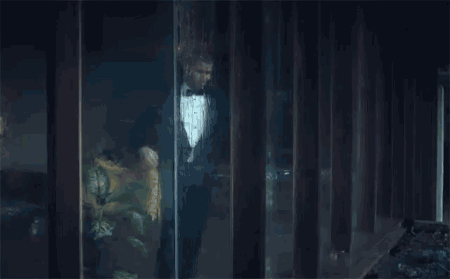 a man in a tuxedo is standing in a dark room looking out of a window .