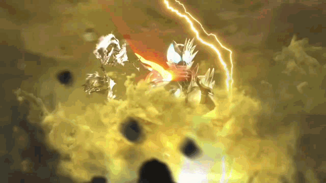 a cartoon character is being struck by a lightning bolt while surrounded by flames .
