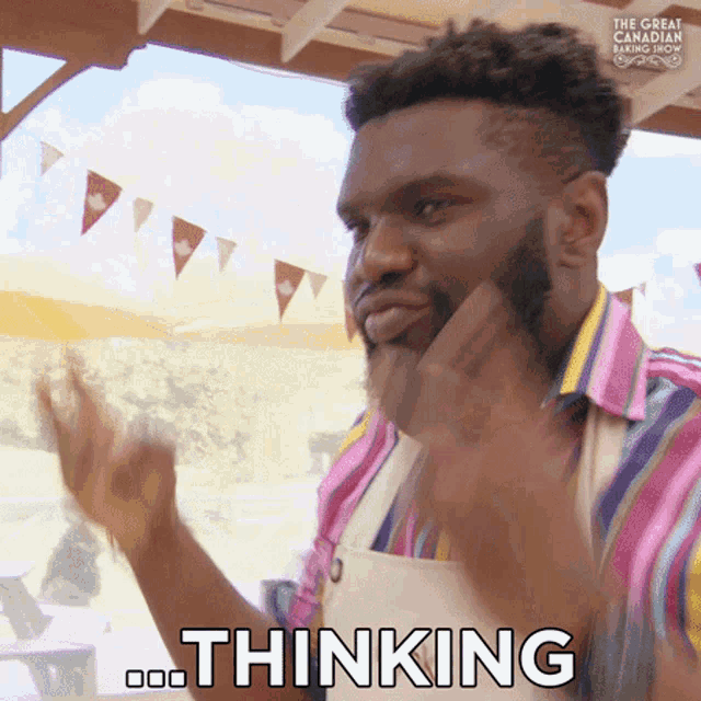 a man with a beard is making a funny face and the word thinking is on his face .