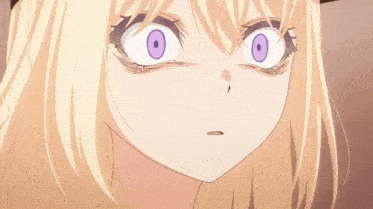 a blonde anime girl with purple eyes and a hat
