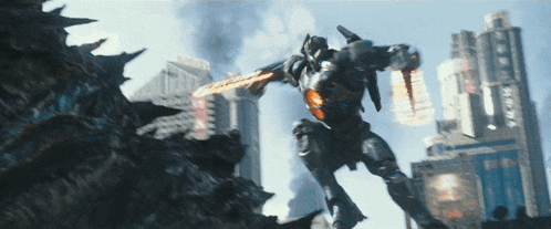 a robot is flying through the air holding a sword
