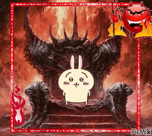 a picture of a bunny sitting on a throne with a devil behind it