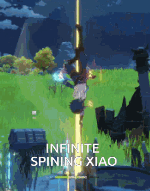a video game scene with the words infinite spinning xiao on it