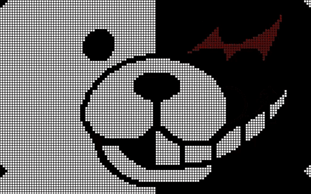 a black and white pixel art of a bear with a red arrow in its mouth