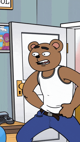 a cartoon of a bear standing in front of a door