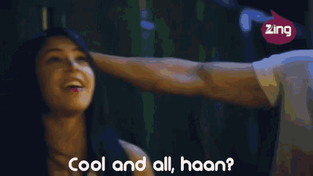 a woman is being touched by a man and the words cool and all haan are above her