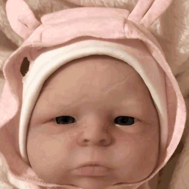 a close up of a baby wearing a pink hat with ears