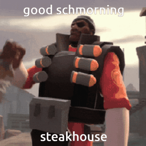 a video game character with the words good schmorning steakhouse