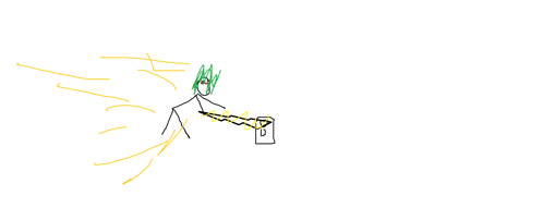 a drawing of a stick figure with green hair and the letter d on the bottom
