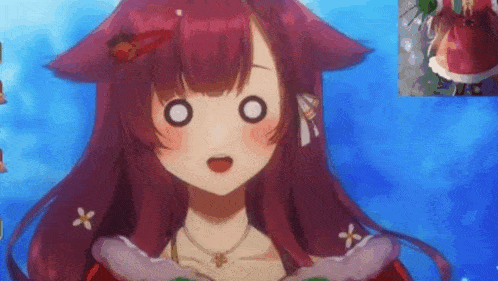 a close up of a anime girl with purple hair and a surprised look on her face .