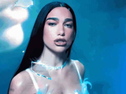 a close up of a woman 's face with a blue background that says ' delguadalupe ' on it