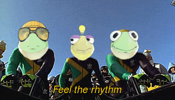 a group of frogs are standing next to each other with the words " feel the rhythm " on the bottom