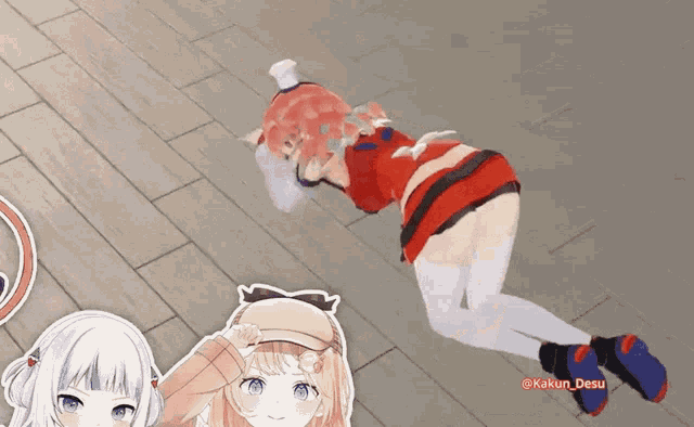 a 3d rendering of a girl in a red dress and white stockings kneeling on the floor .