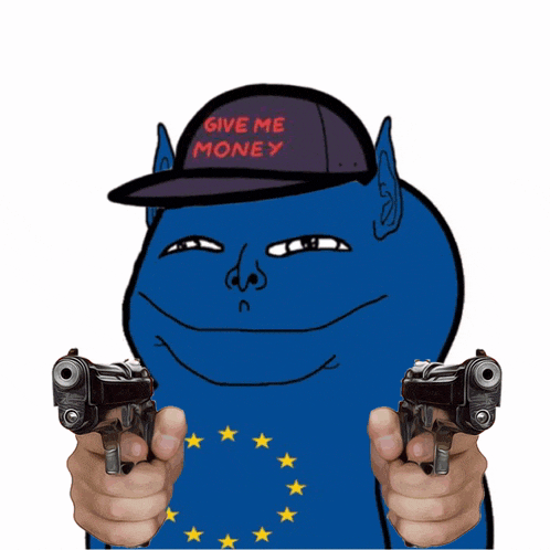 a blue cartoon character with a hat that says give me money