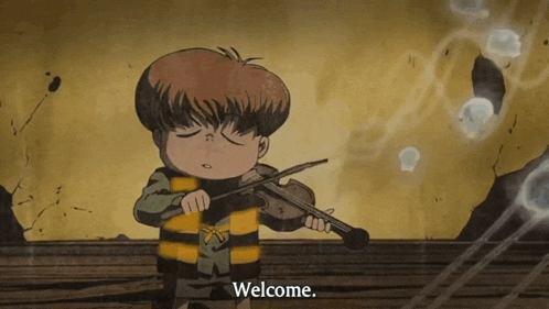 a cartoon of a boy playing a violin with the words welcome above him