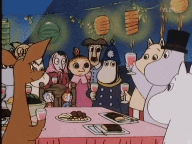 a group of cartoon characters standing around a table with plates of food