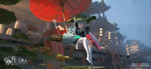 a girl with green hair is holding a red umbrella while sitting on a ledge .