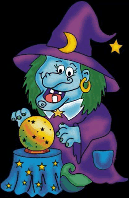 a cartoon witch is holding a crystal ball