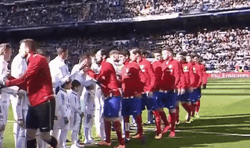 a group of soccer players are standing on a field shaking hands .