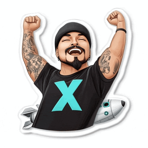 a man wearing a black shirt with a blue letter x on it