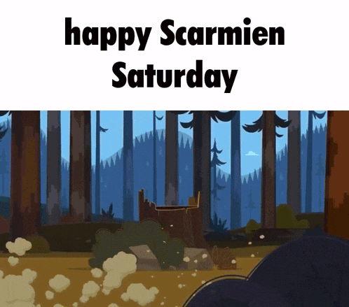 a cartoon of a forest with the words happy scarmien saturday on the bottom