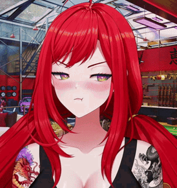a girl with red hair has a tattoo on her arm of a dragon
