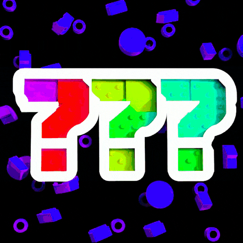 a colorful question mark is surrounded by purple and blue lego blocks