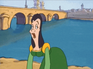 a cartoon of a woman in a green dress standing in front of a river