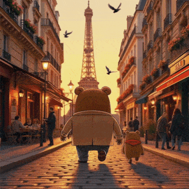 two teddy bears walking down a cobblestone street in front of a deli