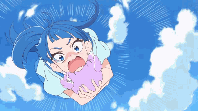 a girl with blue hair is flying through the air
