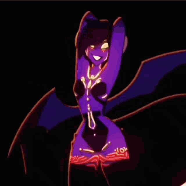 a drawing of a demon with horns and a purple body