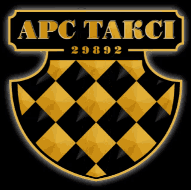 a black and gold shield with the words apc takci on it