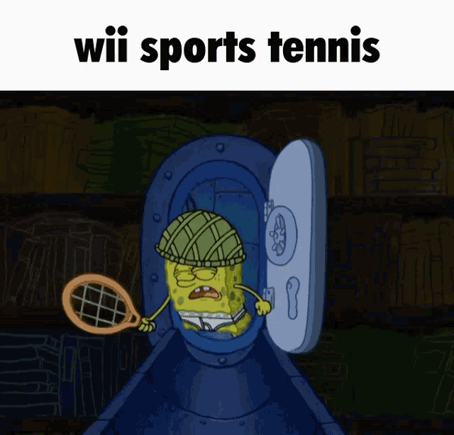 a cartoon of spongebob holding a tennis racquet with the words wii sports tennis behind him