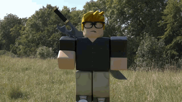 a roblox character with a knife on his back