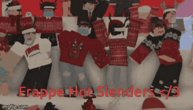 a group of people standing next to each other with the words " frappe hot slenders < 3 " on the bottom