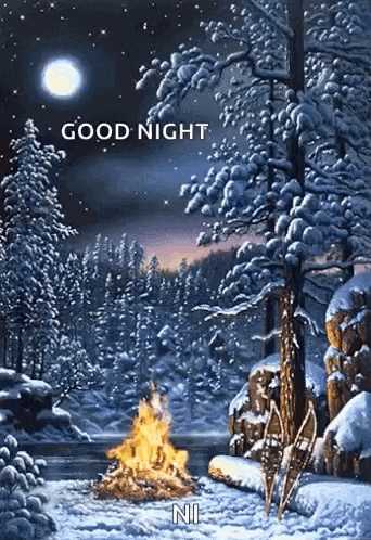 a painting of a snowy forest with a fire and the words `` good night '' .
