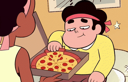 a cartoon character is eating a pepperoni pizza from a box