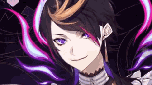 a close up of a person with purple hair
