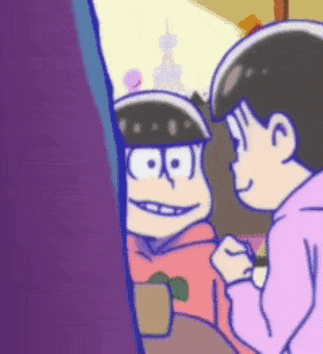 two cartoon characters are standing next to each other and smiling