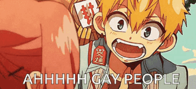 a cartoon character with the words ahhhh gay people written below him